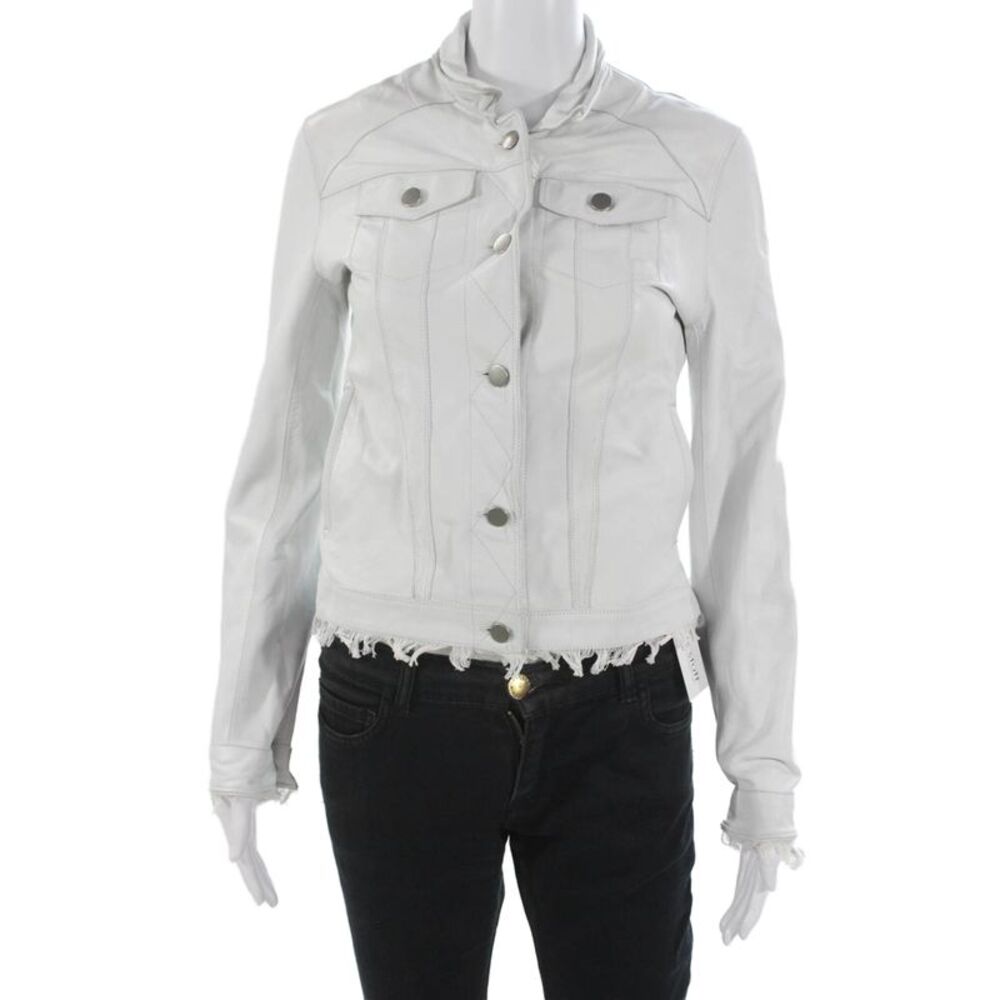 JKT Womens White Leather Biker Jacket Long Sleeve Size XS